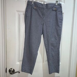 Anne Klein navy white striped cotton blend capris Sz 10P goldtone details